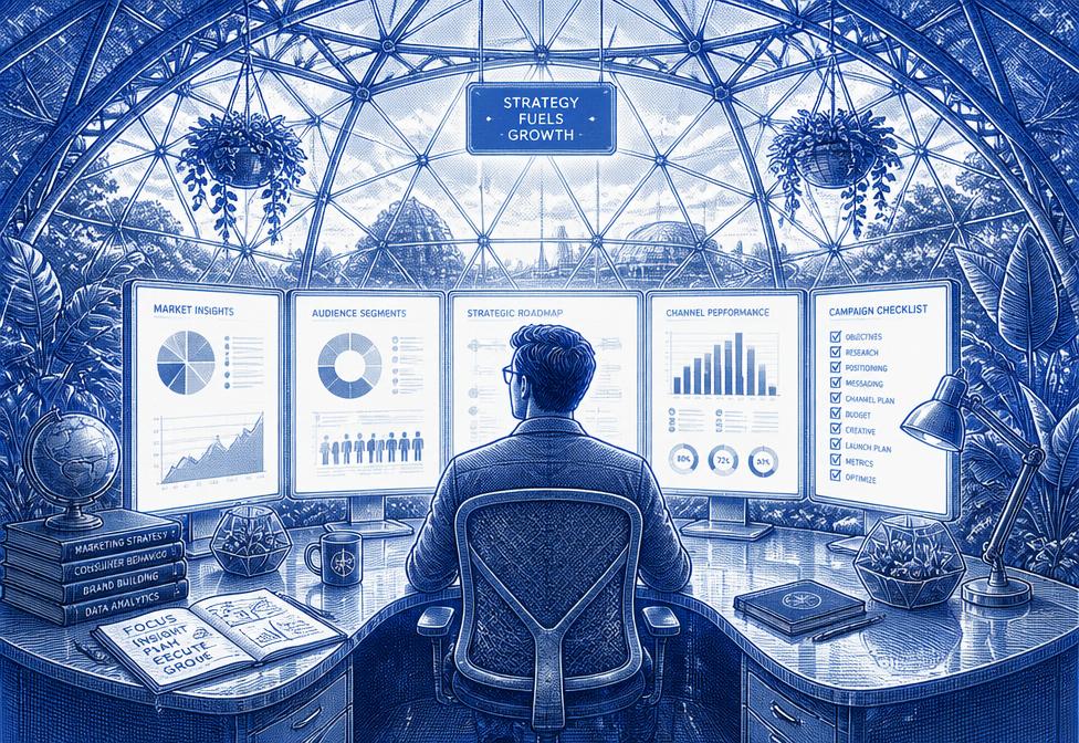 Illustration of a marketer reviewing growth dashboards inside a glass dome