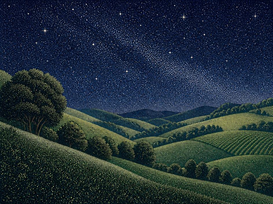 Pointillist illustration of green hills under a starry sky