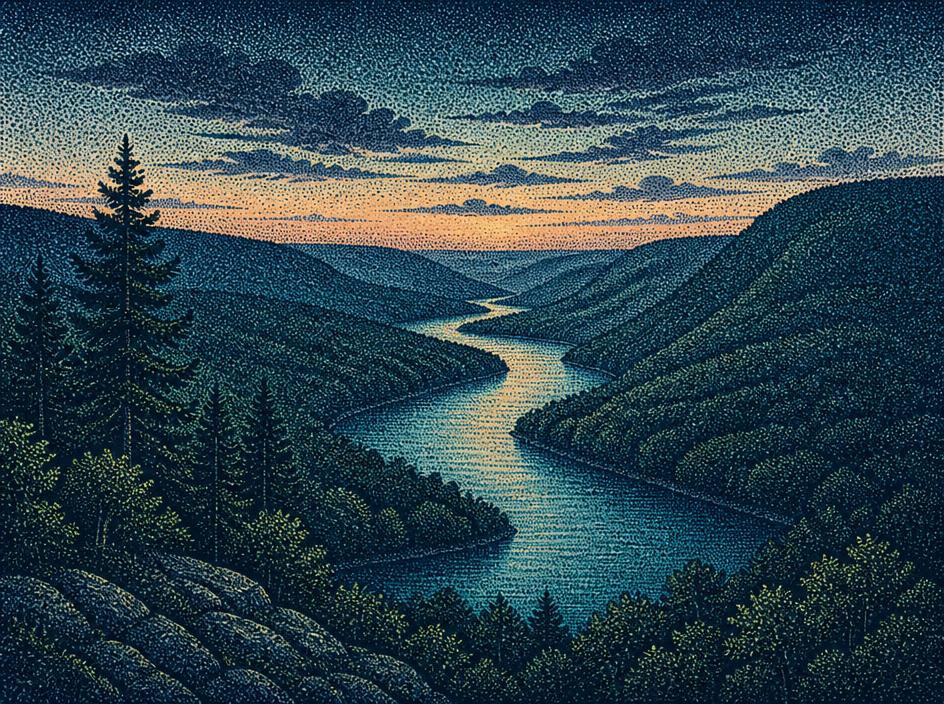 Pointillist illustration of a river valley at dusk